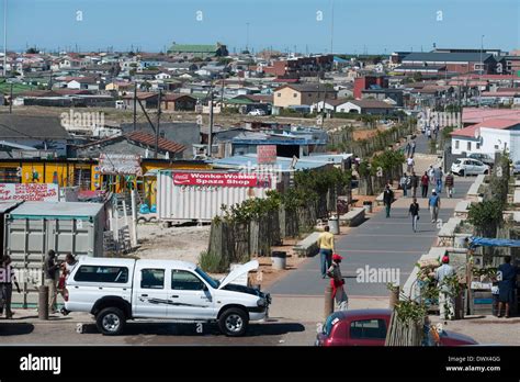 Panoramic view over a street and houses in Khayelitsha, Cape Town, Western Cape, South Africa ...