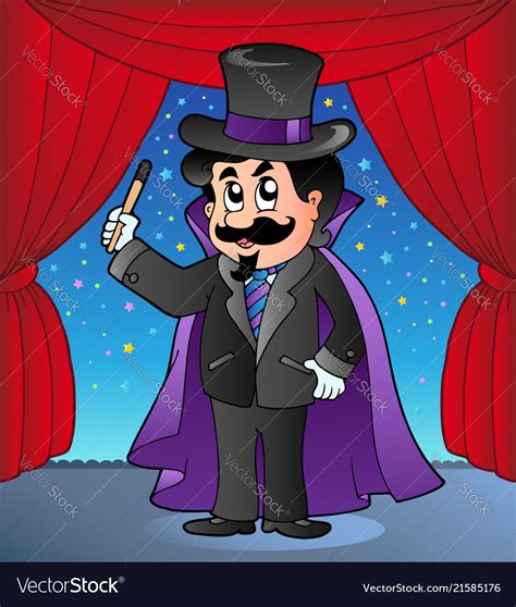 Cartoon magician on circus stage Royalty Free Vector Image