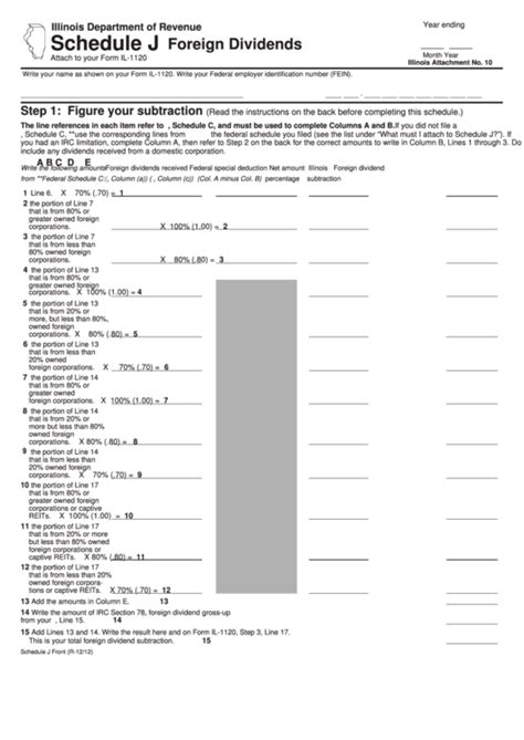 Schedule J - Attach To Your Form Il-1120 - Foreign Dividends printable pdf download