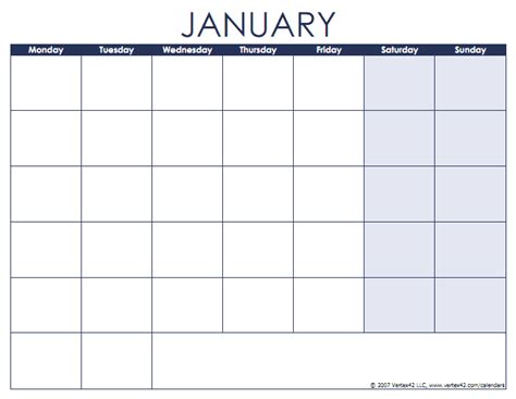 Blank Calendar Monday Start