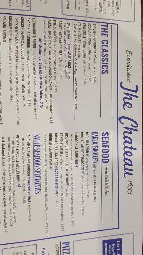 Menu at The Chateau Restaurant Waltham, Waltham, 195 School St