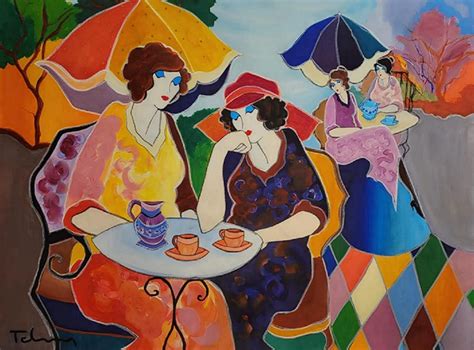 Itzchak Tarkay - ITZCHAK TARKAY, TEA TIME 1995, ORIGINAL MIXED MEDIA ON CANVAS at 1stDibs