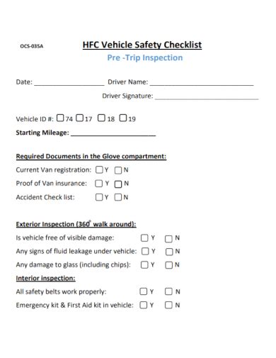 FREE 10+ Vehicle Safety Checklist Samples [ Driver, Inspection, Company ]