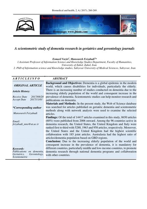 (PDF) A scientometric study of dementia research in geriatrics and gerontology journals