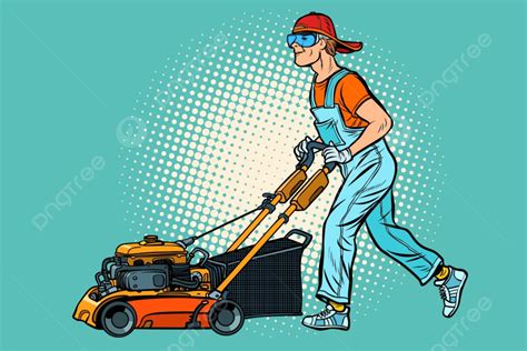 Lawn Mowing Vector Hd Images, Lawn Mower Worker Mow Grass, Care, Gardener, Landscaping PNG Image ...