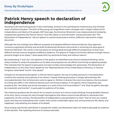 Patrick Henry speech to declaration of independence Essay Example | StudyHippo.com