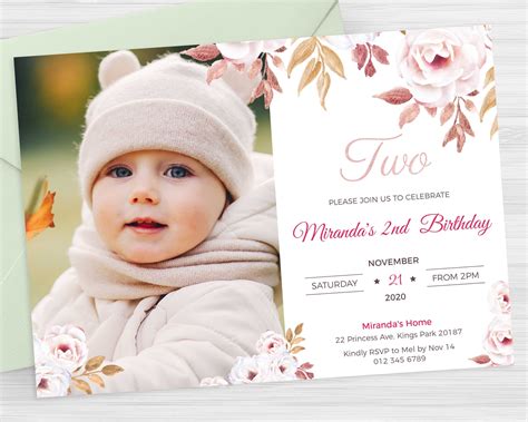 This beautiful 2nd birthday invitation features soft pink, blush ...