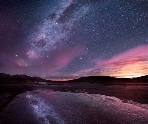 A Milky Way sunset reflecting in the El Taito Geyser Field located ...