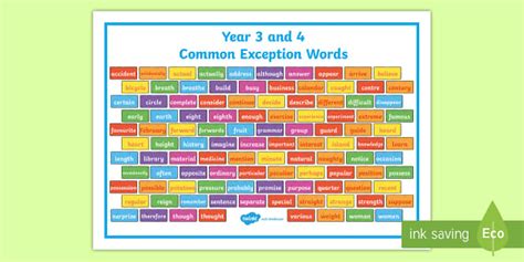 Year 3 and 4 Common Exception Words on Multicoloured Bricks Word Mat