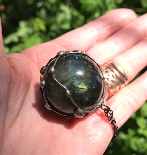 Labradorite Crystal Ball Pendant, Polished Stone, Oxidized Setting, 32.50 mm, LS7247