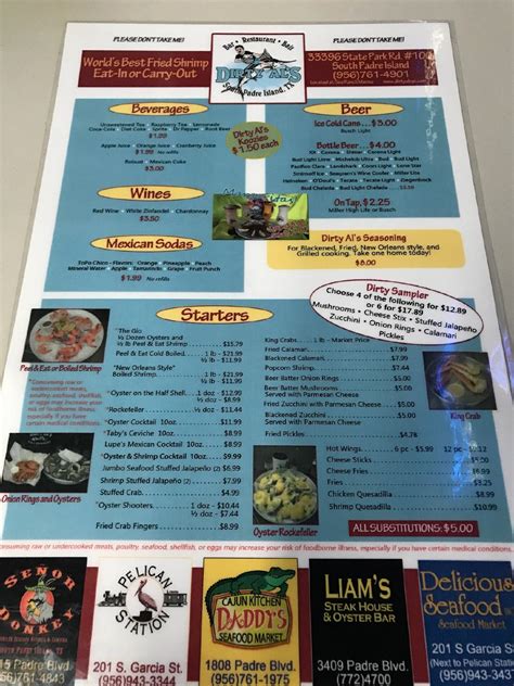 Menu at Dirty Al's restaurant, South Padre Island, State Park Rd 100