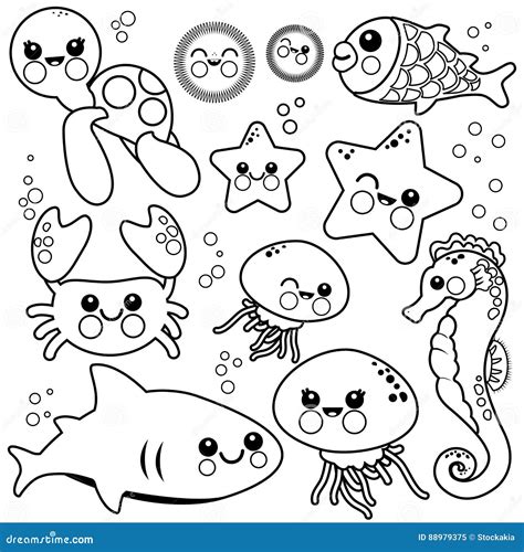 Sea Animals Swimming In The Sea. Vector Black And White Coloring Page. | CartoonDealer.com #88979375