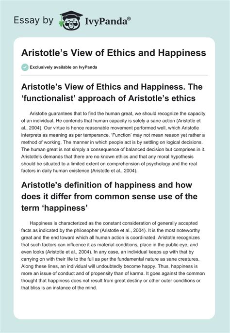 Aristotle's View of Ethics and Happiness - 439 Words | Essay Example