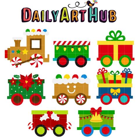 a set of christmas train cliparts with presents on the front and side ...