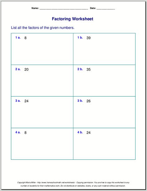 Free worksheets for prime factorization / find factors of a number