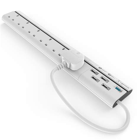 UK Power Strip Extension Cord Surge Protector 6-Gang with 4 USB Ports