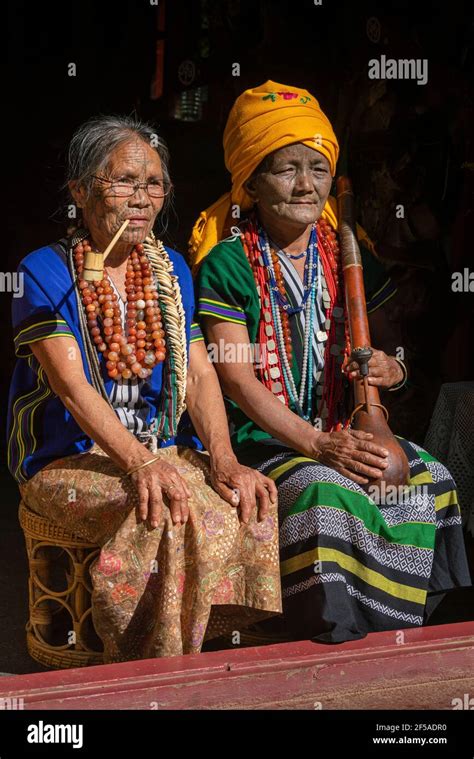 Two women with traditional tattooed faces, Mindat, Chin State, Myanmar ...