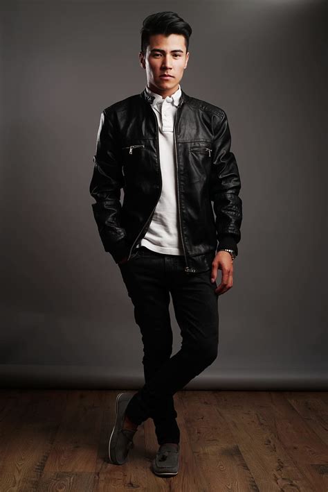 man, black, leather jacket, white, shirt, pants, straight looking ...