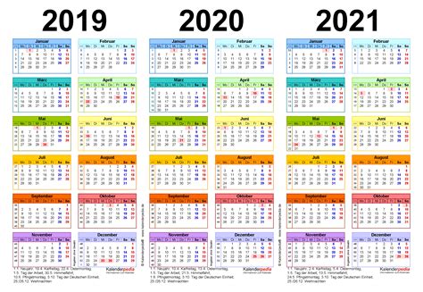 Dreijahreskalender 2019/2020/2021 als Excel-Vorlagen