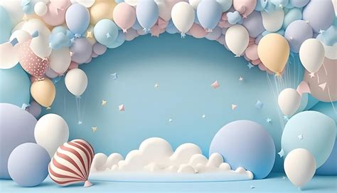 Premium Photo | A colorful paper background with balloons and a sky with clouds.