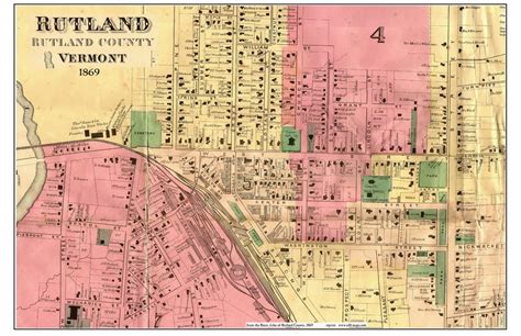 Rutland Downtown - Cropped, Vermont 1869 Old Town Map Reprint - Rutland ...