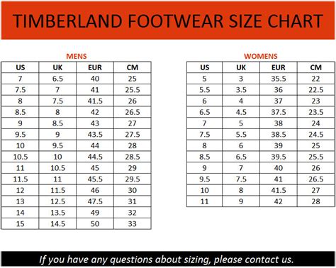 Timberland Size Chart