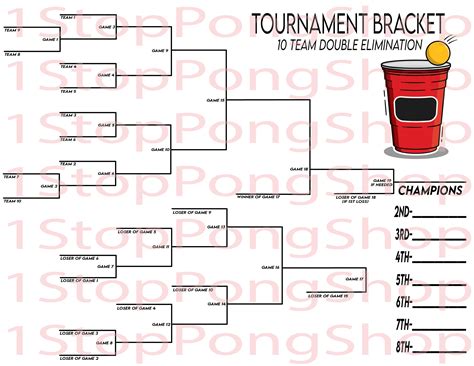 10 Team Double Elimination Beer Pong Tournament Bracket, Instant Digital Download, Printable ...