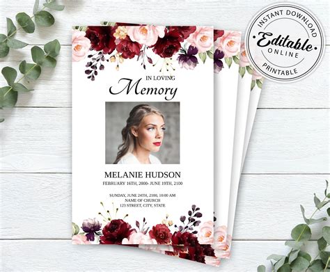 Editable Funeral Program Template with Burgundy Roses, Floral Memorial ...