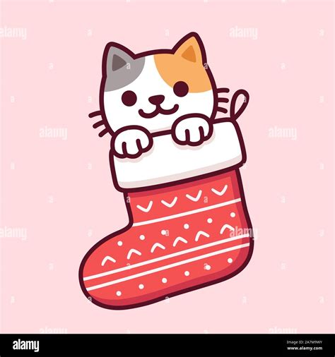 Cute cartoon cat in Christmas stocking. Merry Christmas greeting card with kawaii kitten drawing ...