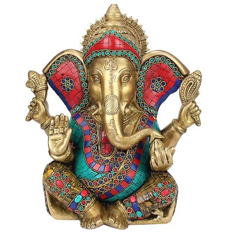 Buy Artvarko Large Brass Ganesha Idol Ganesh Statue Murti God Ganpati with Stone for Home Décor ...