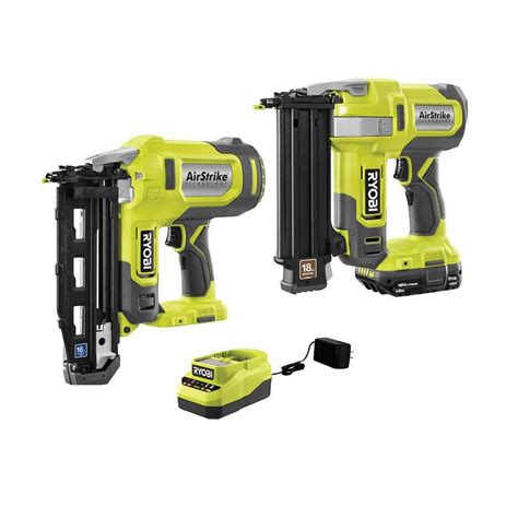 RYOBI ONE+ 18V Cordless 18-Gauge AirStrike Brad Nailer Kit with 16-Gauge AirStrike Finish Nailer ...