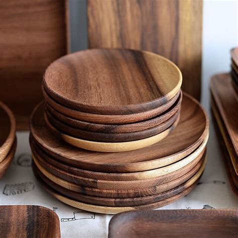 2pcs Round Wooden Plates Set High Quality Acacia Wood Cake Dishes Dessert Serving Tray Wood ...