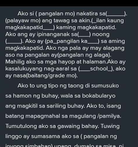 B. Sumulat ng talata tungkol sa sarili gamit ang mga pangngalan. Maaaring palitan ang mungkahing ...