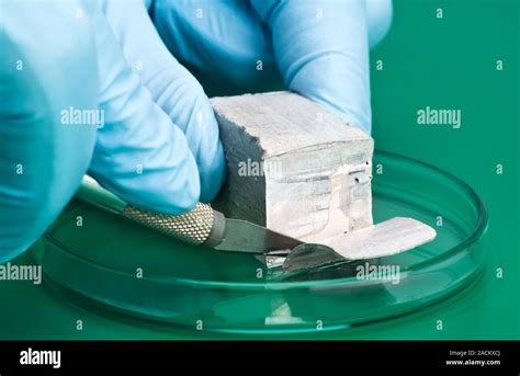 Cutting sodium metal. Freshly cut, shiny surface of a sample of sodium metal. Sodium (Na) is an ...