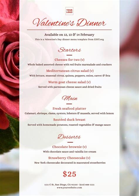 Valentine's Day restaurant menu templates