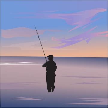 Premium Vector | Man fishing at sunset on the beach.