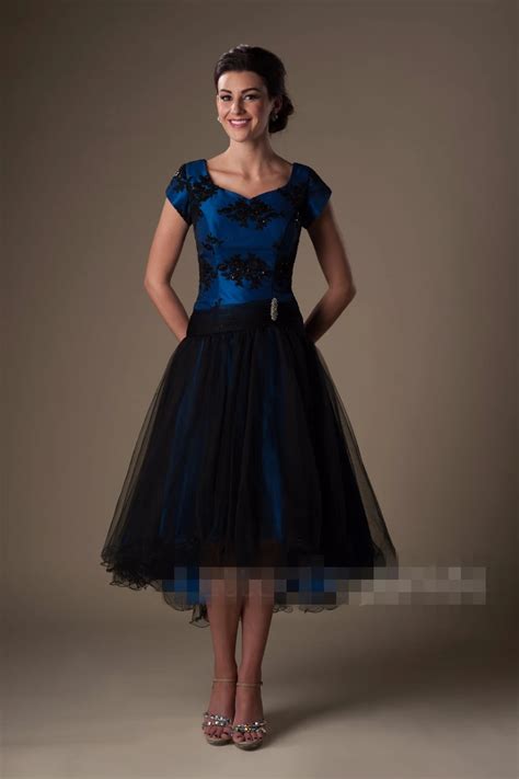 Royal Blue Black High Low Modest Prom Dresses Short With Cap Sleeves Beaded Lace Appliques Short ...