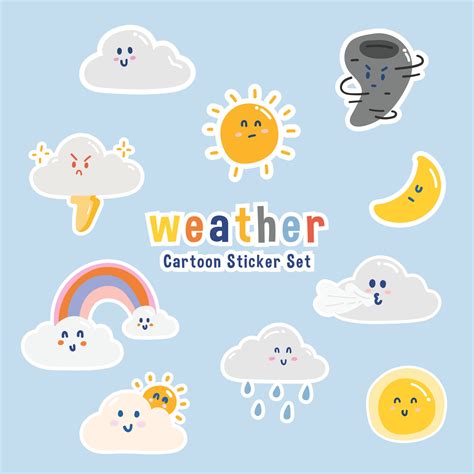 Cute cartoon weather character icon set. Cartoon and doodle characters ...