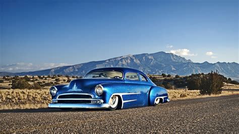 4K, blue cars, chrome, outdoors, trees, Vintage car, car, sunset ...