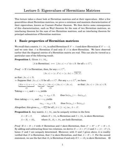 Lecture 5: Eigenvalues of Hermitians Matrices