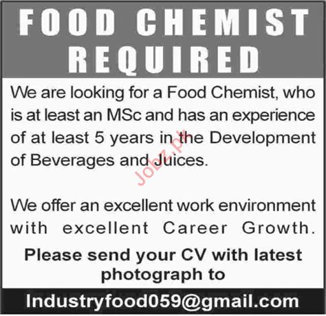 Food Chemist Jobs at Food Company 2021 Job Advertisement Pakistan