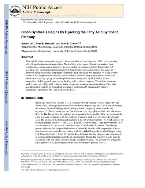 (PDF) Biotin Synthesis Begins by Hijacking the Fatty Acid Synthetic Pathway