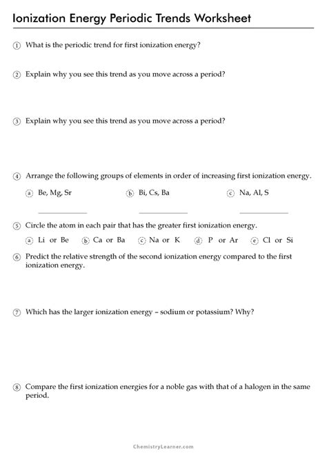 Free Printable Periodic Trends Ionization Energy Worksheets