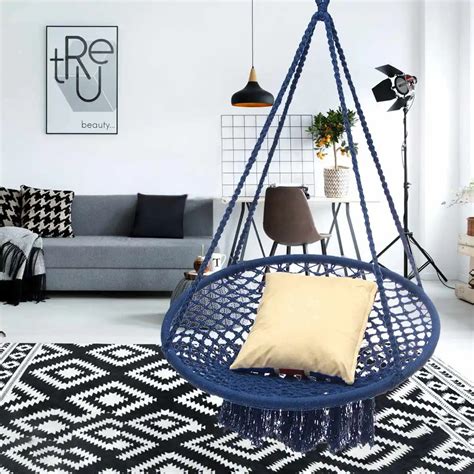 Round Hammock Furniture Outdoor Indoor Swing Chair Hanging For Dormitory Bedroom Blue Hammock ...