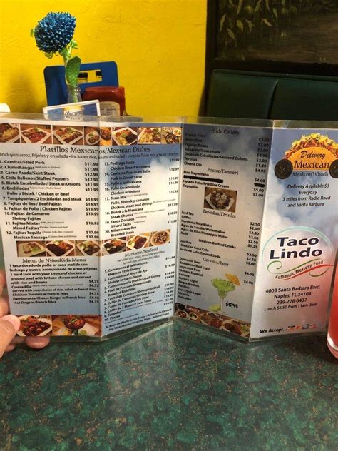 Menu at Taco Lindo restaurant, Naples, Santa Barbara Blvd