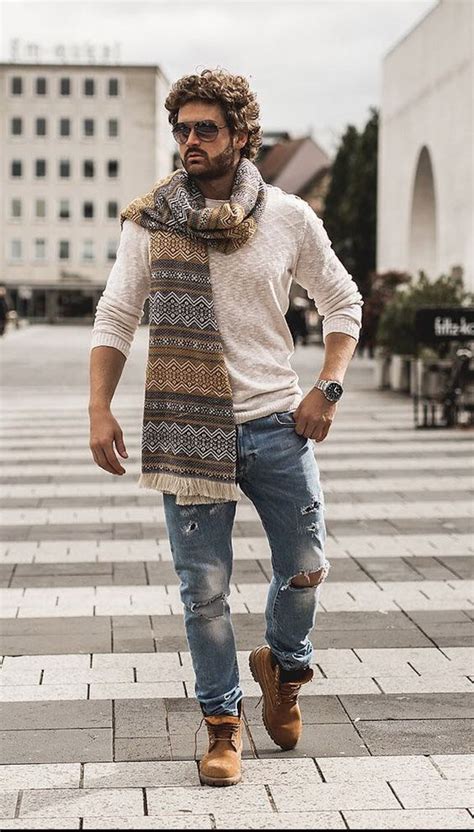 Beige Sweater, Scarf Outfit Trends With Light Blue Casual Trouser, Bohemian Style Men | Men's ...