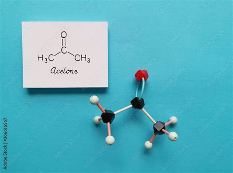 Structural chemical formula and molecular structure model of acetone molecule. Acetone ...