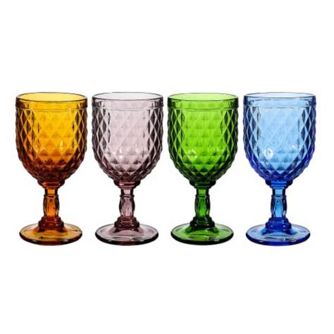 Vintage Style Colored Glass Water Goblet Set of 4 Multi Colors Drinking ...