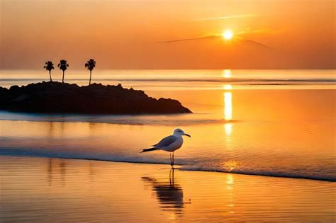 Premium AI Image | a seagull is standing on the beach at sunset.