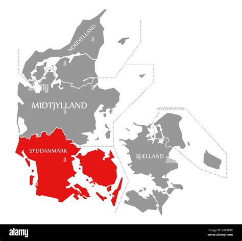 Syddanmark red highlighted in map of Denmark Stock Photo - Alamy